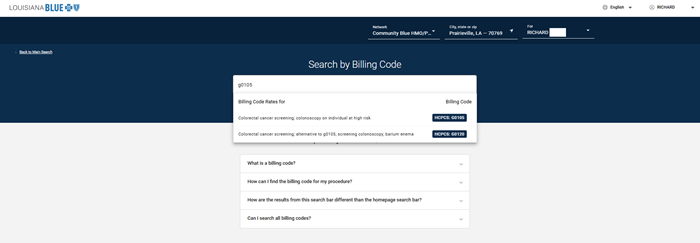 search by billing code screen