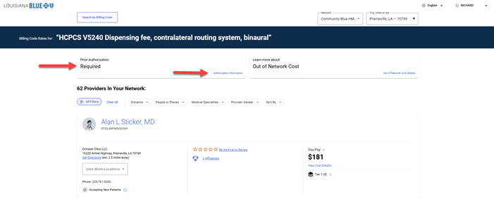 provider profile costs screen