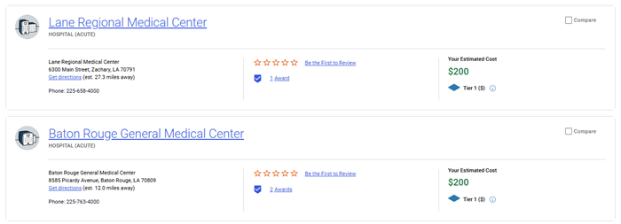 Provider costs comparison screen