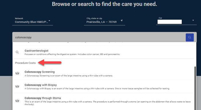 search by procedure costs screen