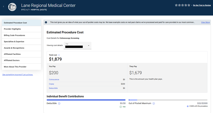 Provider procedure cost screen