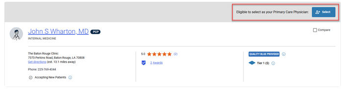 Eligible primary care provider profile