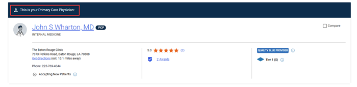 Selected primary care provider screen