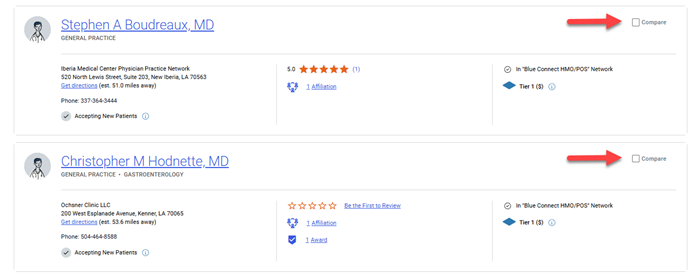 provider comparison screen