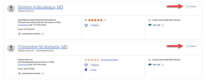 compare provider options screen