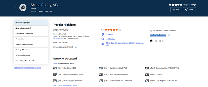 provider profile screen