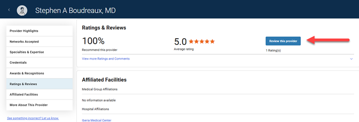 rate your provider button screen